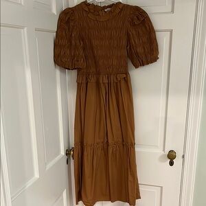 Moon River Brown Smocked Sundress with Puff Sleeves